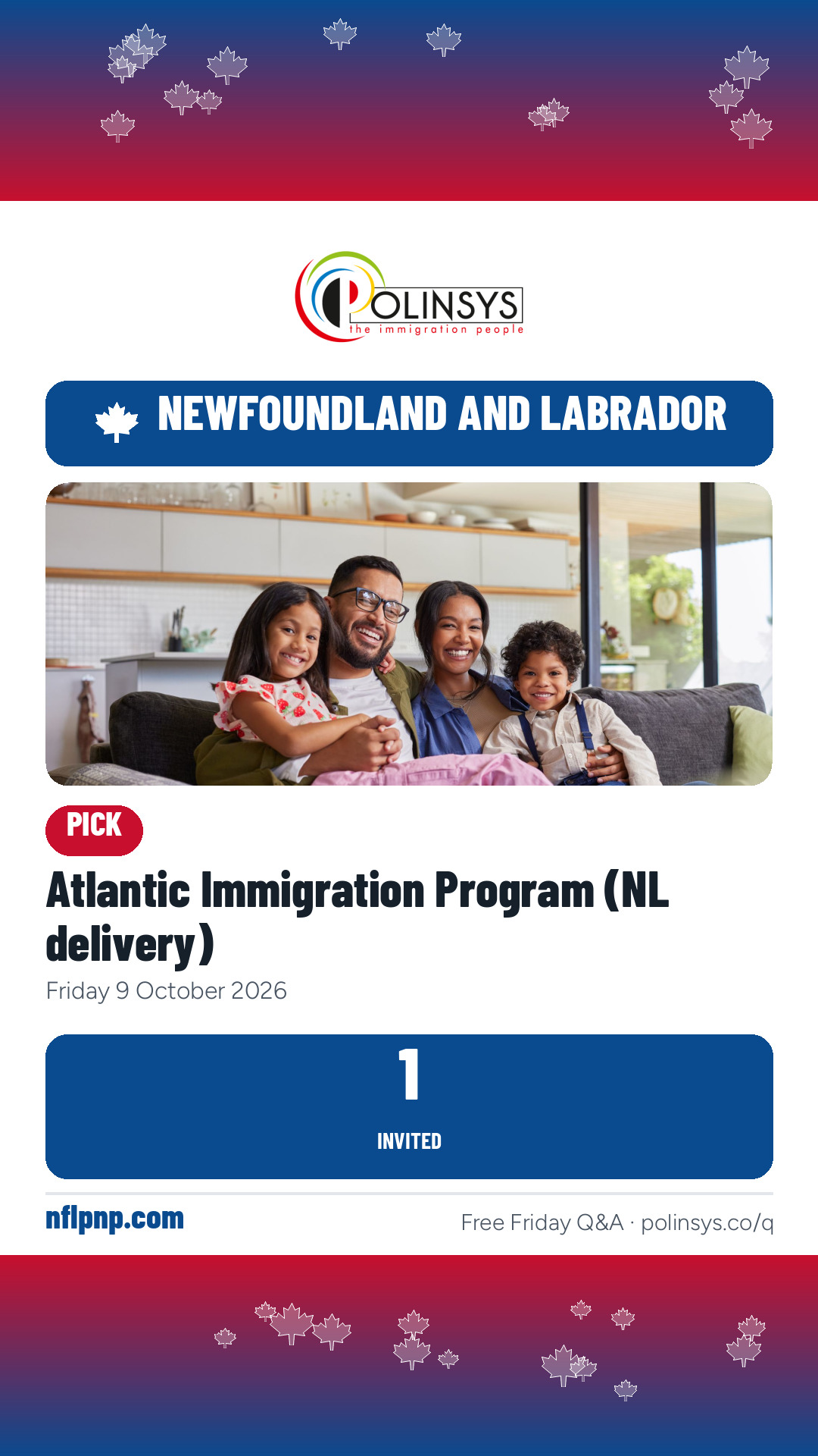 Atlantic Immigration Program (NL delivery) — 1 invitation, 9 October 2026